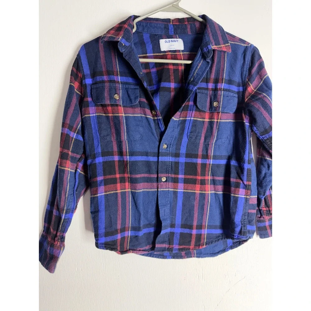 Old Navy Boys Blue Red Plaid Flannel Button Down Shirt Long Sleeve Size L 10-12